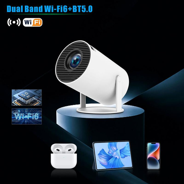 Portable Mini Projector 720P on a stand with logo for Wi-Fi and Bluetooth connectivity.