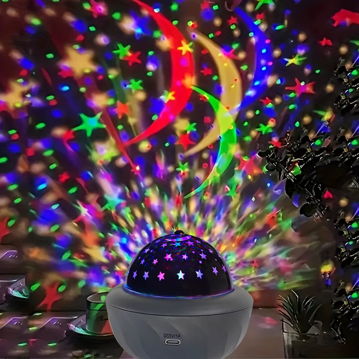 Galaxy Projector Night Light illuminating a room with vibrant starry sky projections and colorful rotating effects.
