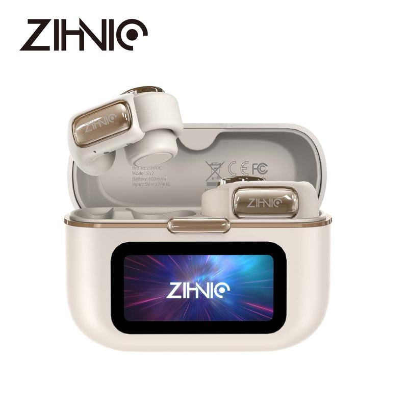 ZIHNIC S12 Open Earbuds, Wireless Headphones, LED Lights Touchscreenlight-Weight Earbuds Built-In Microphone, Power Digital Display,Stable Fit, Fast Charge ,36 Hours Playtime,Fast Pair,Clear Sound,Sweatproof,Charging Case, Android/Ios