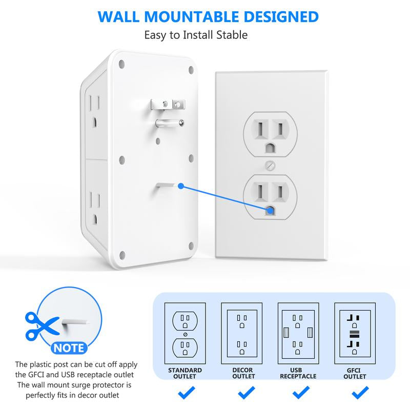 USB Wall Charger, 6 Outlet Extender with 4 USB Charging Ports 3-Sided Power Strip Multi Plug Outlets Wall Adapter Spaced for Home Travel Office
