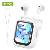 Bluetooth 6.0 Wireless Earphones – HTC NE20 LED Display with charging case and white design.