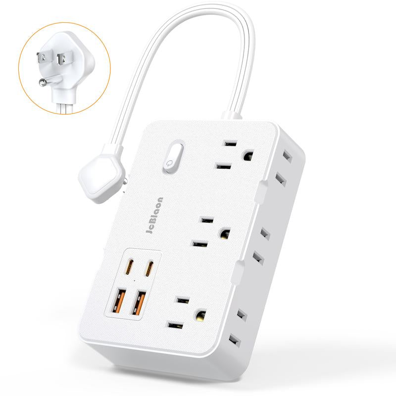 10Ft Flat Plug Extender, 6 Outlets + 4 USB (2 USB-C), Wall Mount. Perfect for Office, Travel & Dorm, Compact & Powerful