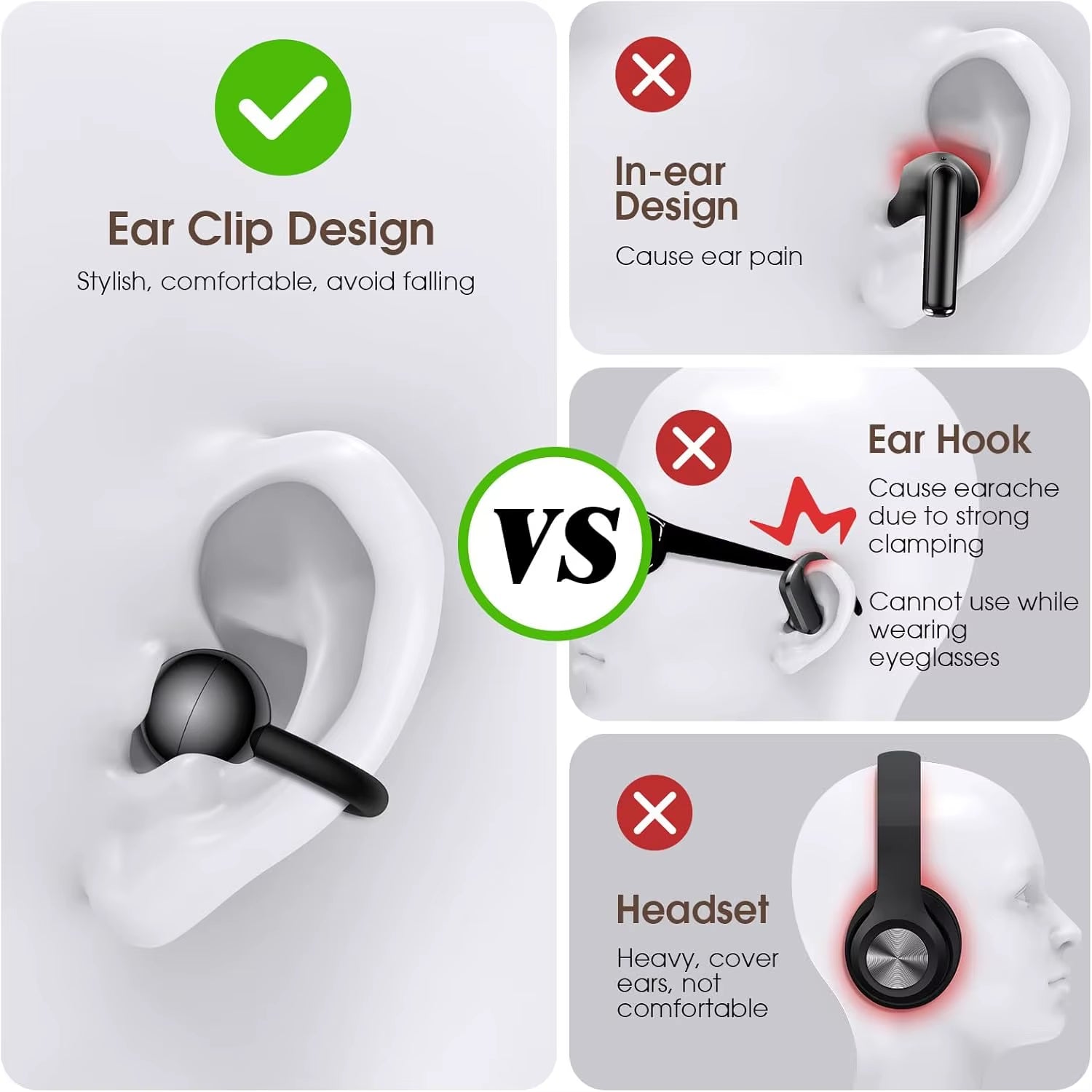 BT 5.4 Clip on Wireless Earbuds 72H Play Time Long-Battery Life Headphone OWS Open Ear Waterproof Earphone for Sport