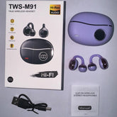 Open Ear Wireless Earbuds – Sports Design with Charging Case, showcasing TWS-M91 and accessories on a flat surface.
