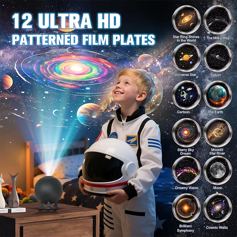 Planetarium Projector Bedroom with 12 ultra HD patterned film plates and a child in an astronaut suit.