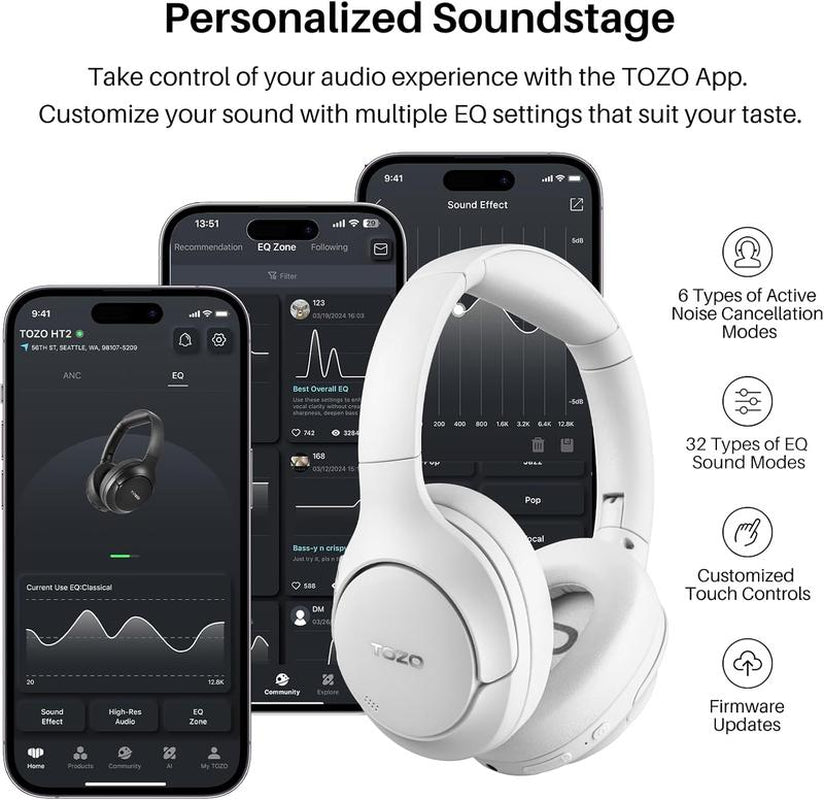 TOZO-HT2 Hybrid Active Noise Cancelling Headphones, Wireless over Ear Bluetooth Headphones Fathersdaygift Headset Audio Electronic Earbud Traveling Gadgets Gym Noisecancellingheadphones