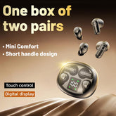 Wireless noise cancelling earbuds for fitness - two pairs of mini comfort earbuds with touch control and digital display.