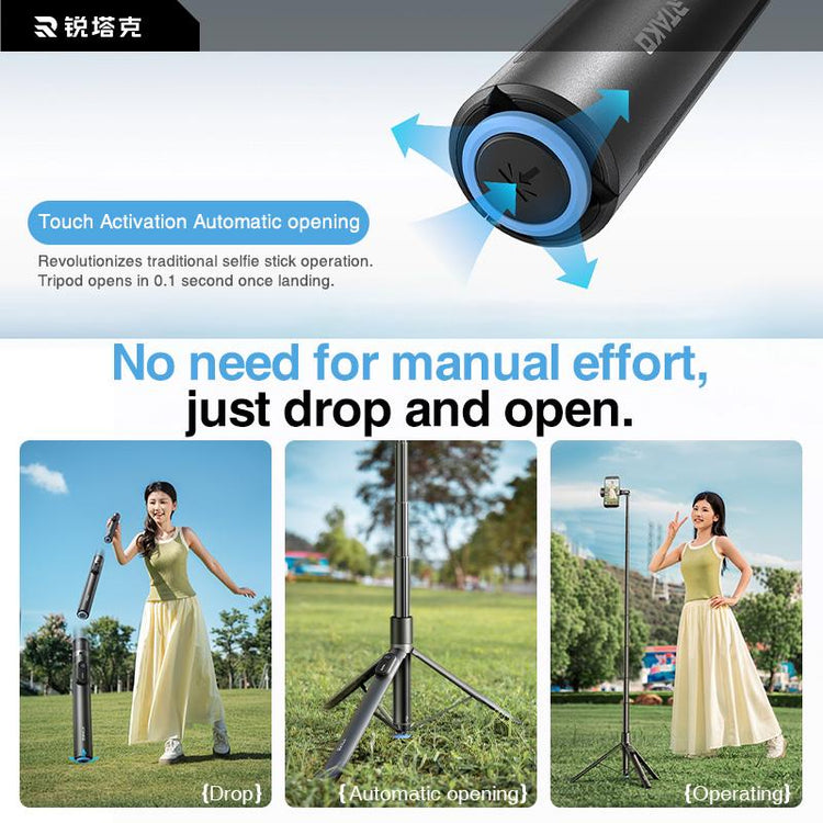 RTAKO 60"Portable Selfie Stick Tripod with Remote，One Click Open, Wireless Remote Included.For Cellphone.