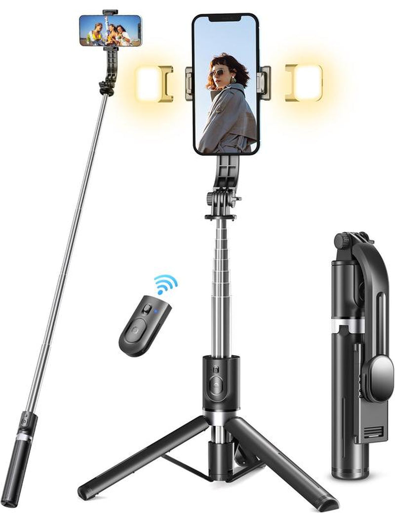 Pnitri New 4 in 1, Selfie Stick Tripod with Remote & Fill Light,45&