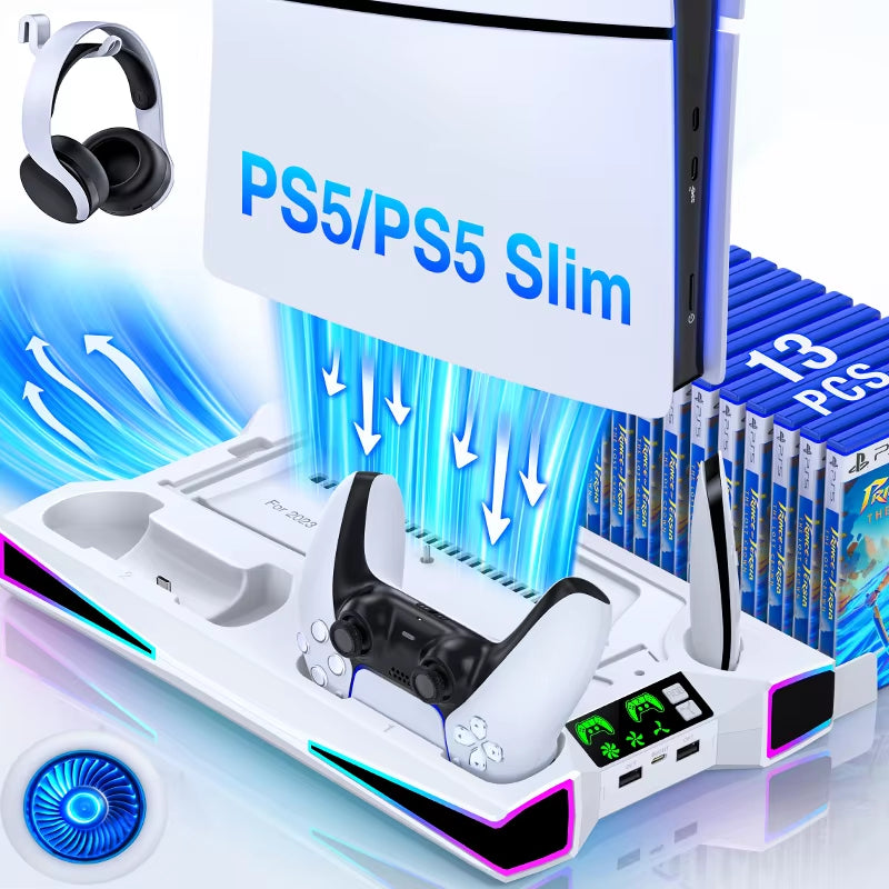 PS5 Stand with Cooling Fan, Dual Controller Charger & Game Storage – All-in-One Vertical Station
