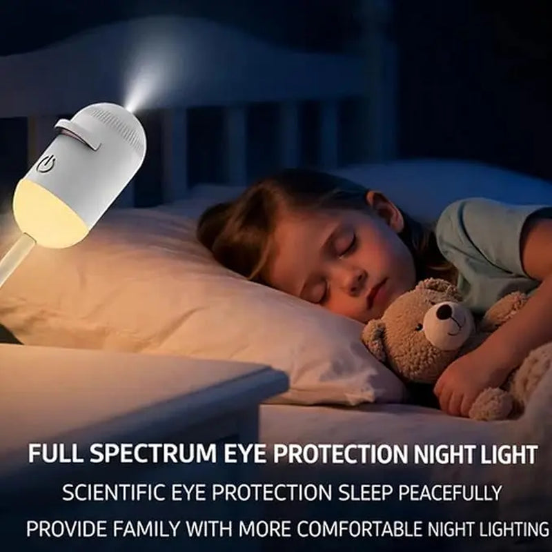  A young child sleeping soundly under a full-spectrum eye protection warm ambient bedside lamp.