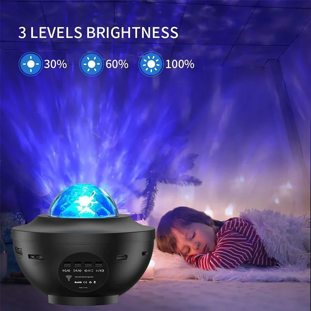 LED Galaxy Projector showcasing 3 levels of brightness with a child sleeping under colorful starry projections.