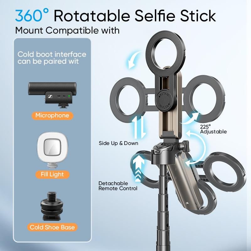MAGIC JOHN 4-In-1 Multifunctional Magnetic Selfie Stick – 360° Rotation, Compact & Stylish, with Wireless Bluetooth Control, Magnetic Phone Holder for Selfies/Video Recording/Vlogging, Compatible with Most Phone Modes