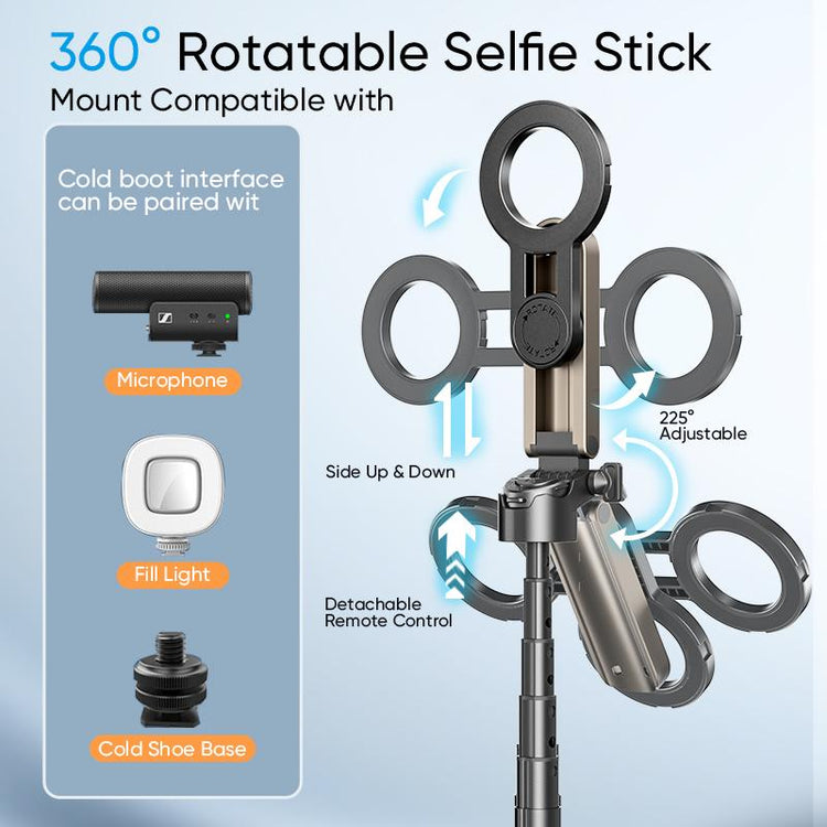 MAGIC JOHN 4-In-1 Multifunctional Magnetic Selfie Stick – 360° Rotation, Compact & Stylish, with Wireless Bluetooth Control, Magnetic Phone Holder for Selfies/Video Recording/Vlogging, Compatible with Most Phone Modes