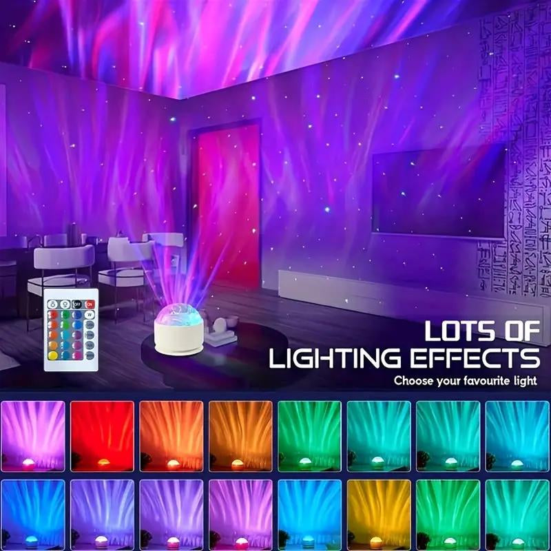 Ocean Wave LED Aurora Projector creating vibrant lighting effects in a cozy room setting with remote control.