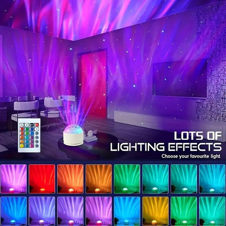 Ocean Wave LED Aurora Projector creating vibrant lighting effects in a cozy room setting with remote control.