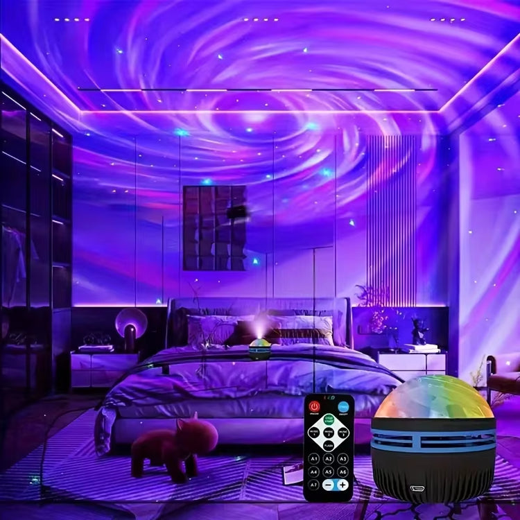 LED Galaxy Projector illuminating a bedroom with vibrant colors, featuring remote control and USB charging.