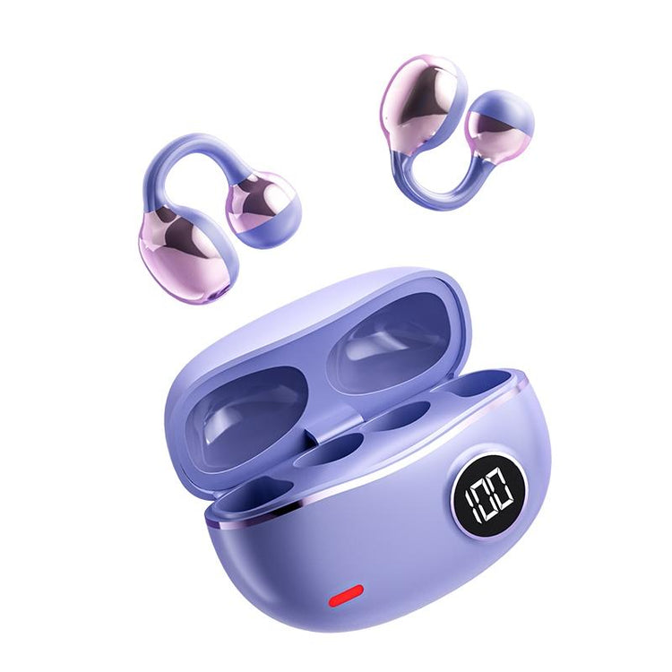 Open ear wireless earbuds in sporty design with charging case in lavender color.