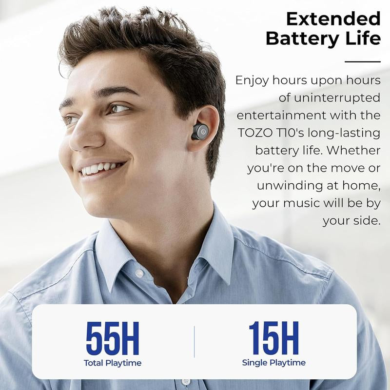 TOZO T10 (Ergonomic Edition) Wireless Earbuds Bluetooth 5.3 Headphones, App Customize EQ, Ergonomic Design, 55H Playtime, Wireless Charging Case, IPX8 Waterproof Sound In-Ear Headset, 2024 New Version Fathersdaygift