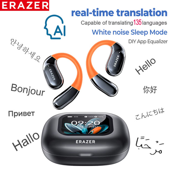 HTC NE27 Wireless Headphones Bluetooth 5.4 AI Translator Earbuds Glowing Earhook Upgraded LCD Touchscreen ENC Noise Reduction