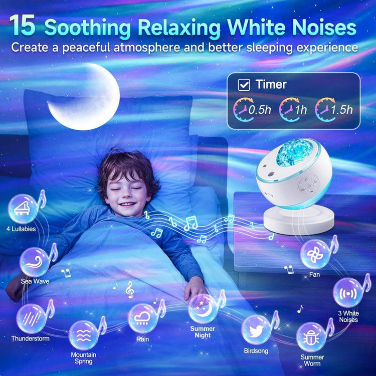 One Fire Northern Lights Projector,16Color Galaxy Projector for Bedroom, 15 White Noise Galaxy Projector, 5Moon Star Projector, Bluetooth Ambient Light Projector, Remote Timer Star Lights Audio Mood Lighting Aurora Living Room Night Light Kids