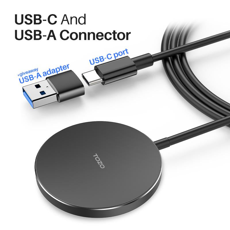 TOZO W6 Wireless Magnetic Charger, 15W Fast Charging Pad with Aviation Aluminum Numerical Control Technology Compatible with Iphone 15 14 13 Series, Samsung Galaxy Series (NO AC Adapter) Fathersdaygift Cellphone Smartphone