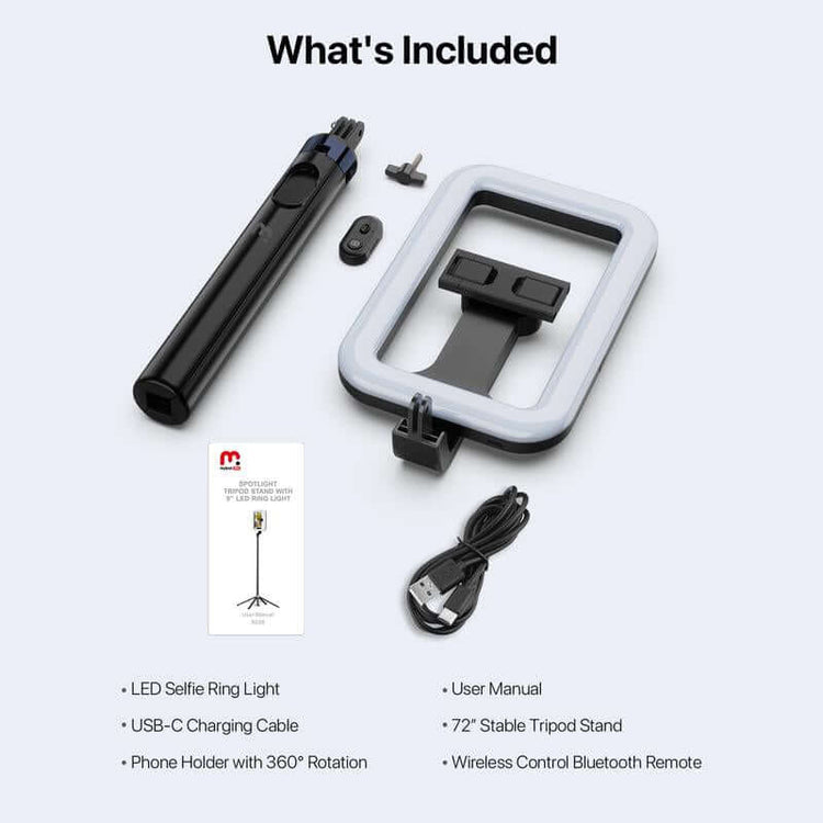 Mybat Pro Selfie Stick, Extendable Spotlight Tripod Stand with 8" Dimmable LED Light, Remote Control Cellphone Holder for Tiktok/Video Recording
