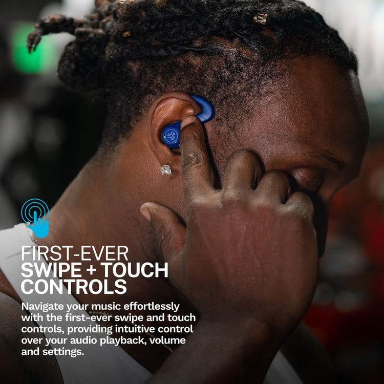 User demonstrating the first-ever swipe and touch controls on JLab JBuds Sport ANC 4 earbuds.