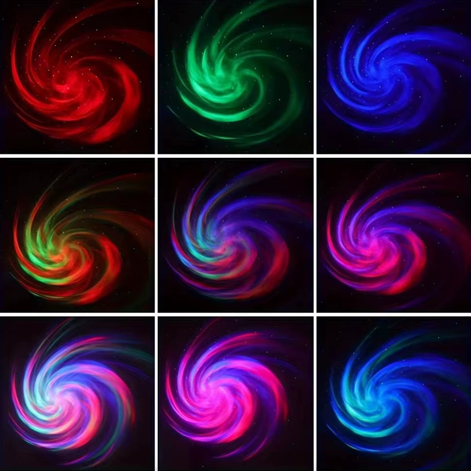 LED Galaxy Projector Light swirling colors in a galaxy effect, creating an immersive atmosphere for bedrooms and parties.