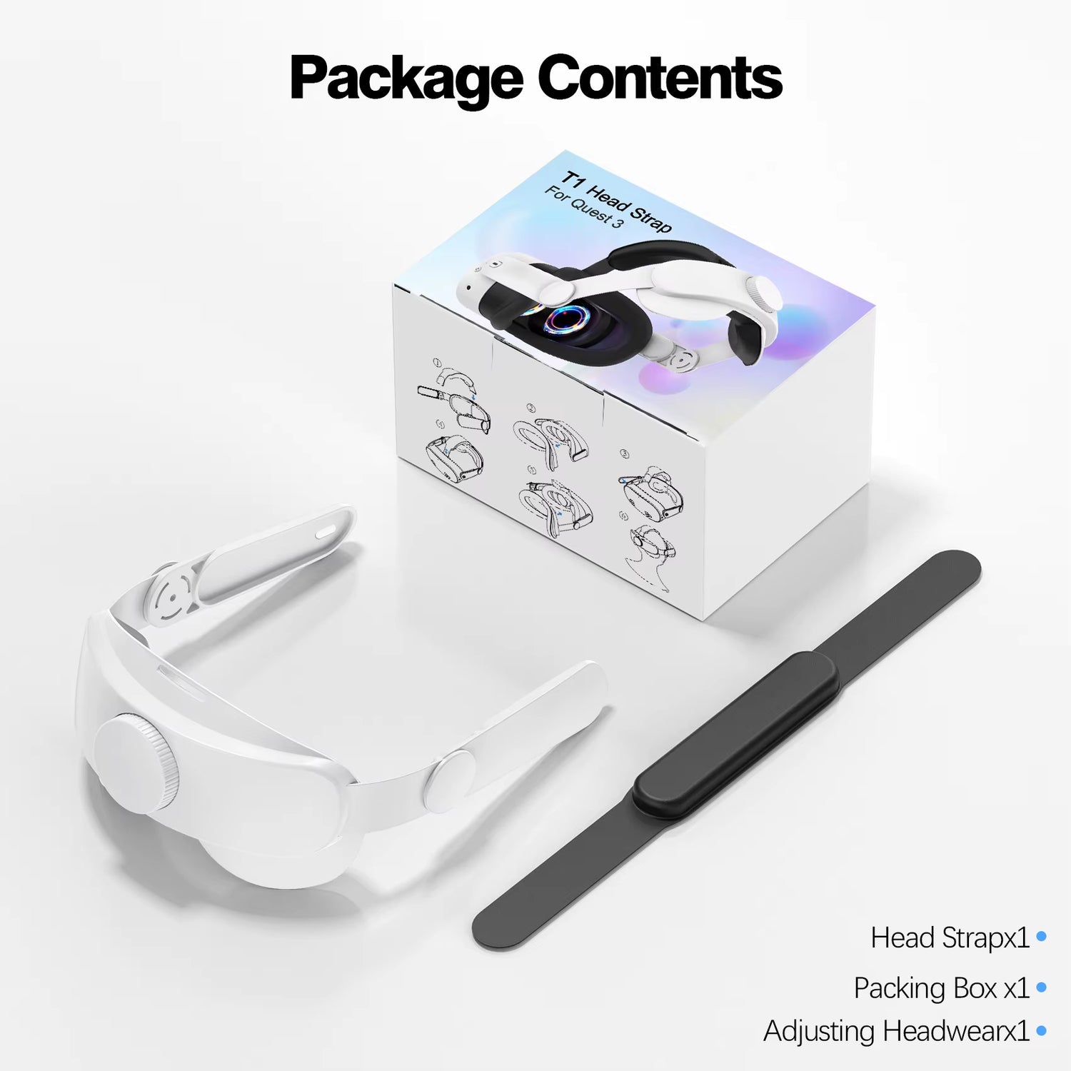 Meta Quest 3 Head Strap Upgrade package contents including head strap, packing box, and adjusting headwear.