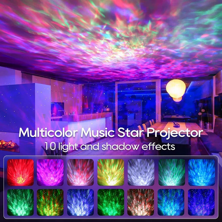 LED Galaxy Projector creating a vibrant atmosphere with multicolor light projections and music effects.