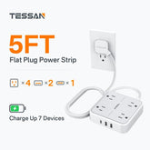 TESSAN Flat Plug Surge Protector Power Strip, 30W Fast Charging Station, 5FT Flat Extension Cord with 4 Outlets & 4 USB C, Wall Mount Compact Desk Charging Station for Office, Dorm, Home Essentials