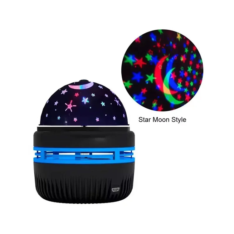 LED Starry Sky Projector displaying colorful moon and star projections in a dark room.