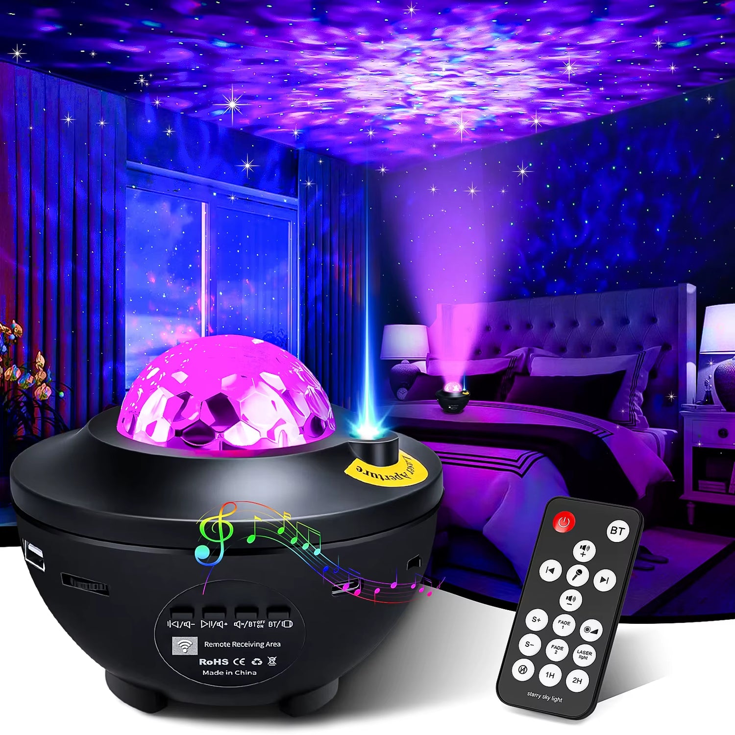 Bluetooth Galaxy Projector illuminating a bedroom with colorful lights and remote control for a romantic night.