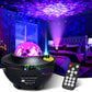 Bluetooth Galaxy Projector illuminating a bedroom with colorful lights and remote control for a romantic night.