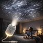 A young boy sitting on a bed looking up in awe at a brilliant white nebula cloud filling his entire ceiling.