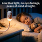 A young child sleeping peacefully next to a soft, warm, low blue light flexible gooseneck bedside lamp.