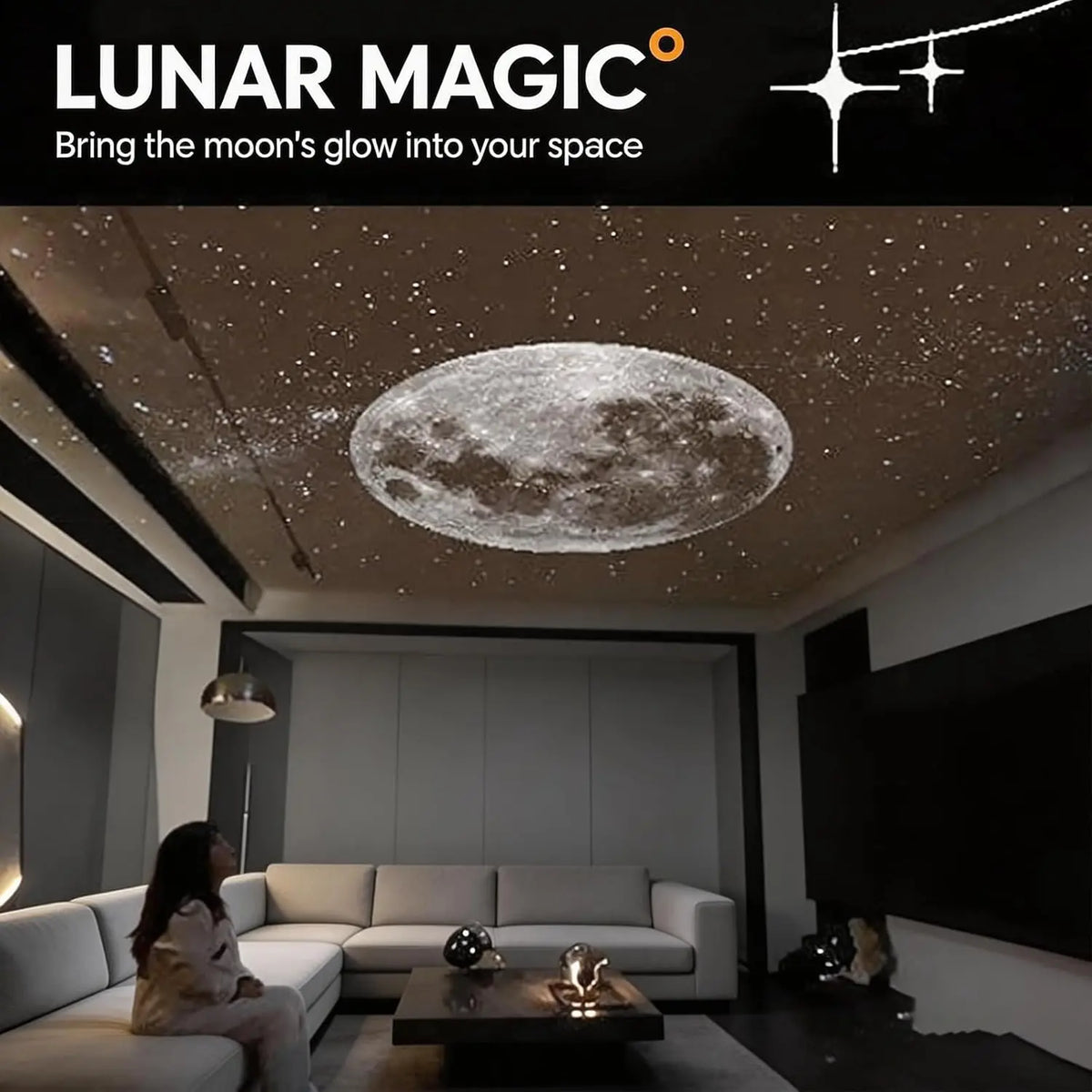 A woman sitting in a modern living room looking up at a massive, realistic high-definition moon ceiling projection.