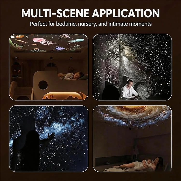 Four panel photos displaying the projector used for nurseries, bedroom reading, and cozy night relaxation.