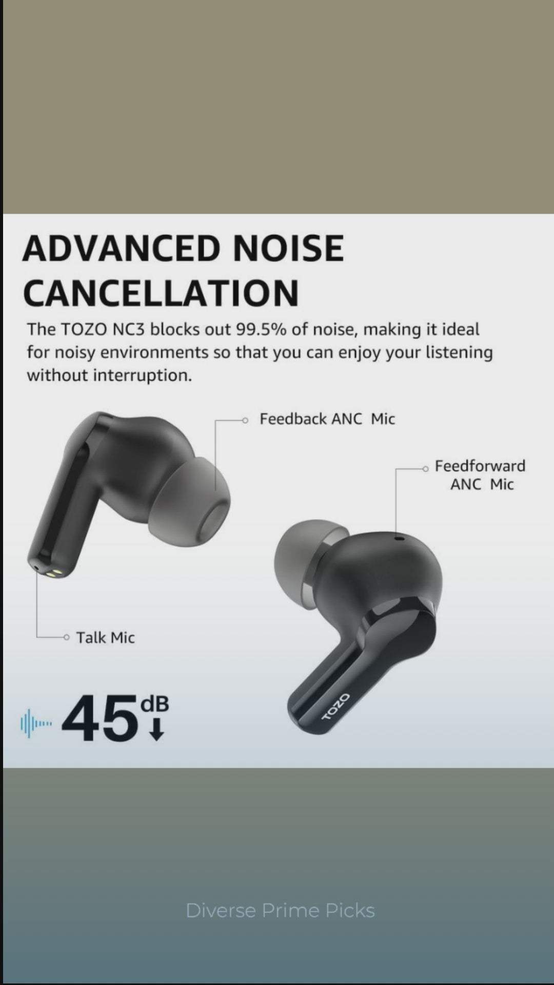 TOZO NC3 Hybrid ANC Earbuds – 55 H Battery / IPX8 Waterproof / LED Display