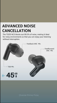 TOZO NC3 Hybrid ANC Earbuds – 55 H Battery / IPX8 Waterproof / LED Display