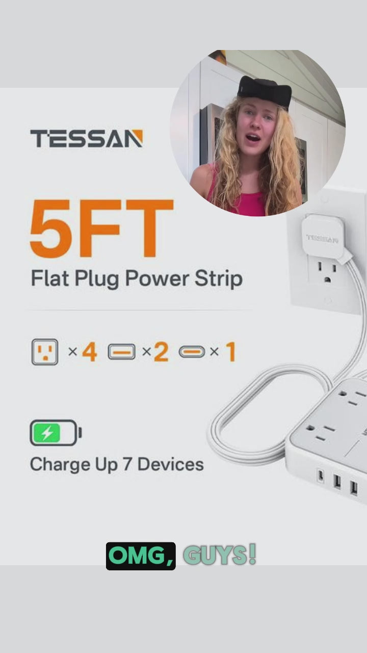 TESSAN USB‑C Power Strip 30 W Fast Charging Surge Protector – Flat Plug Desk Charger