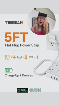 TESSAN USB‑C Power Strip 30 W Fast Charging Surge Protector – Flat Plug Desk Charger