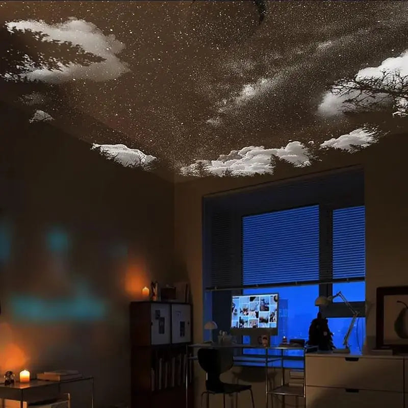 Moving star projector slide casting realistic night clouds and tree silhouettes across a modern bedroom ceiling. 