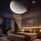 High definition realistic moon and asteroid film slide projected above a modern aesthetic bedroom setup.