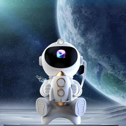 White sitting rocket astronaut projector figure displayed against a dramatic deep space planet background.