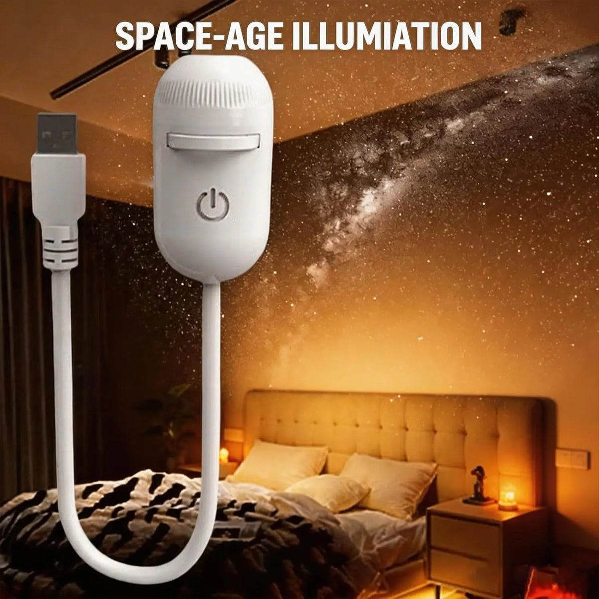 White flex neck capsule lamp illuminating an elegant master bedroom with a golden starlight galaxy trail.
