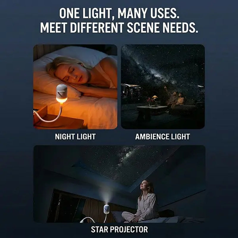 Three scenes showing the capsule lamp used as a warm night light, car ambient lighting, and ceiling star projector.