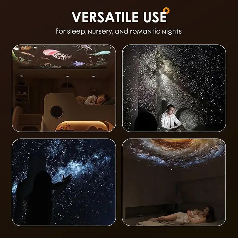 Four-panel graphic showing the projector used for a child&