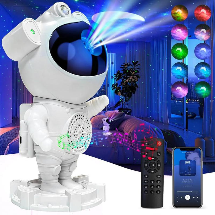 Studio shot of a white astronaut lamp displaying a colorful color wave beam and a ten-panel nebula lighting grid.